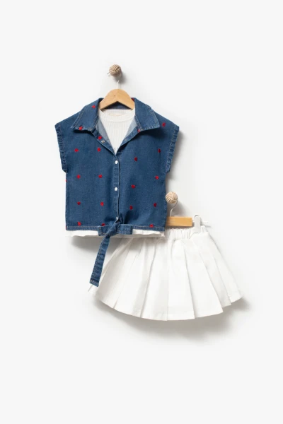 Kalp Nakış Detaylı Kot Yelekli Etekli 3lü Kız Çocuk Takım 3705 - LACİVERT