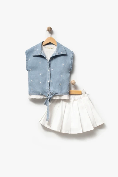 Kalp Nakış Detaylı Kot Yelekli Etekli 3lü Kız Çocuk Takım 3705 - MAVİ