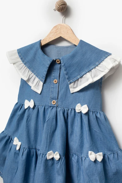 Yakası Fırfırlı Fiyonk Detaylı Kız Çocuk Kot Elbise 3706 - MAVİ