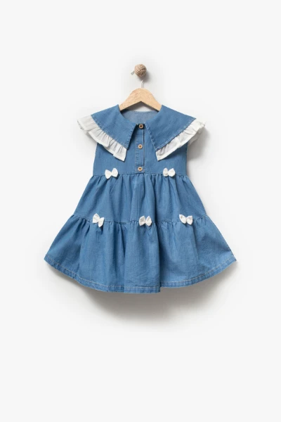 Yakası Fırfırlı Fiyonk Detaylı Kız Çocuk Kot Elbise 3706 - MAVİ