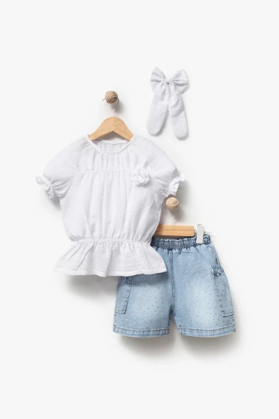 Kız Çocuk Taş Baskılı Şortlu Fırfır Detaylı 2’li Takım (toka hediyeli) 3704 - BEYAZ