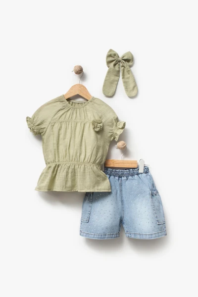 Kız Çocuk Taş Baskılı Şortlu Fırfır Detaylı 2’li Takım (toka hediyeli) 3704 - YEŞİL