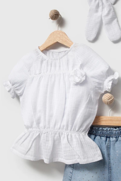 Kız Çocuk Taş Baskılı Şortlu Fırfır Detaylı 2’li Takım (toka hediyeli) 3704 - BEYAZ