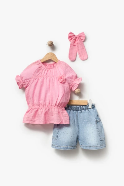 Kız Çocuk Taş Baskılı Şortlu Fırfır Detaylı 2’li Takım (toka hediyeli) 3704 - PEMBE
