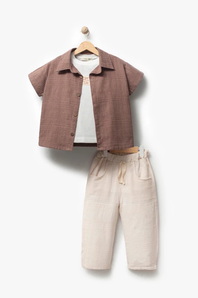  Kısa Kollu Gömlek Pantolon 3lü Yazlık Erkek Çocuk Takım -3709 - KAHVERENGİ