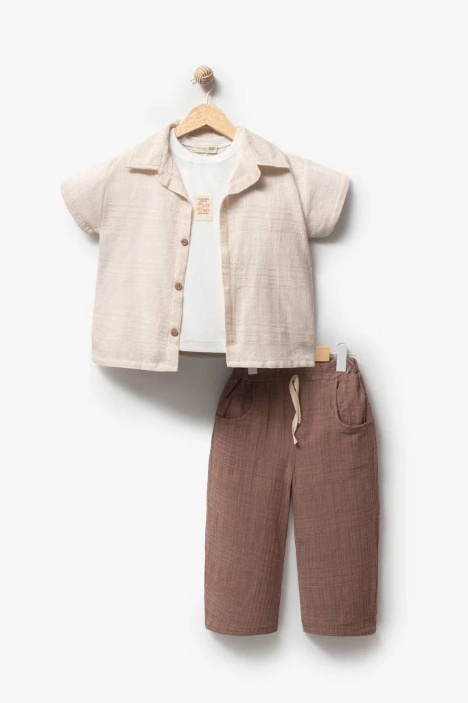  Kısa Kollu Gömlek Pantolon 3lü Yazlık Erkek Çocuk Takım -3709 - BEJ