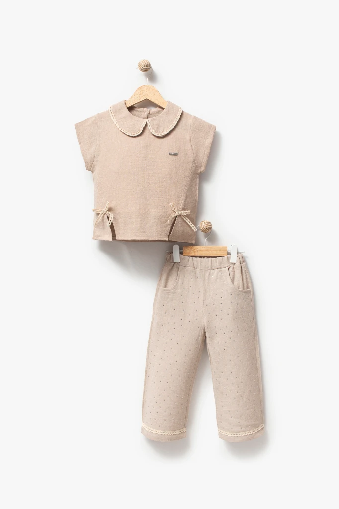  Taş Baskılı Pantolonlu Kısa Kollu 2li Yazlık Kız Takım 3708 - BEJ