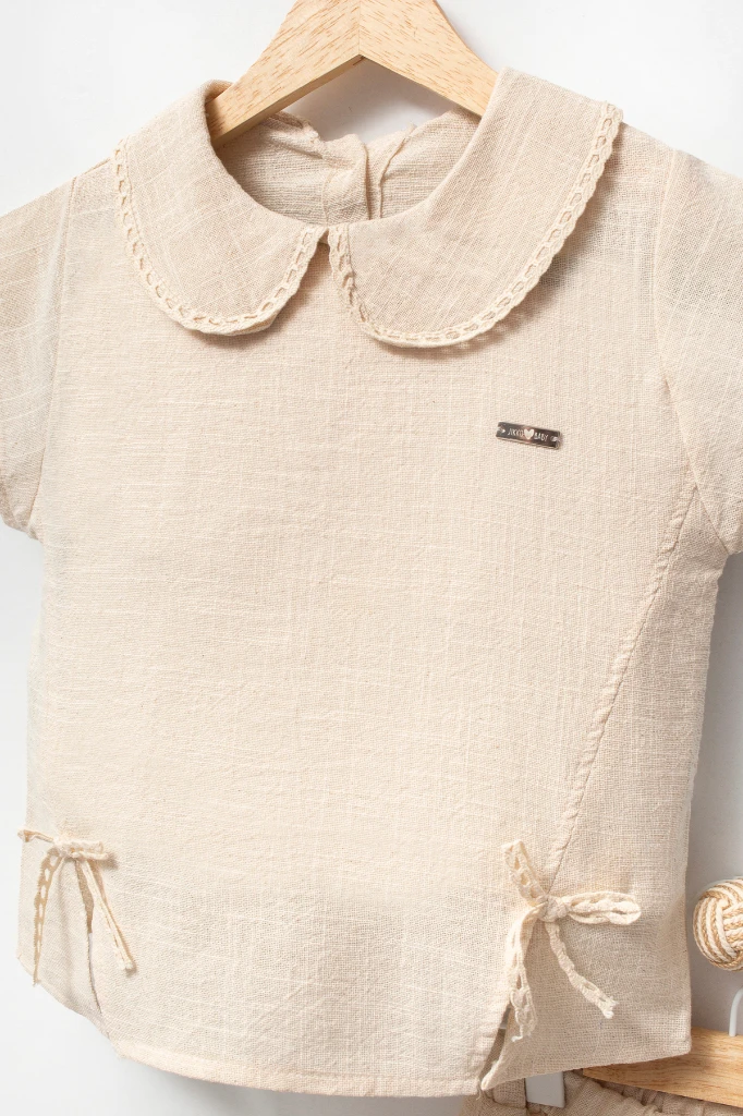  Taş Baskılı Pantolonlu Kısa Kollu 2li Yazlık Kız Takım 3708 - EKRU