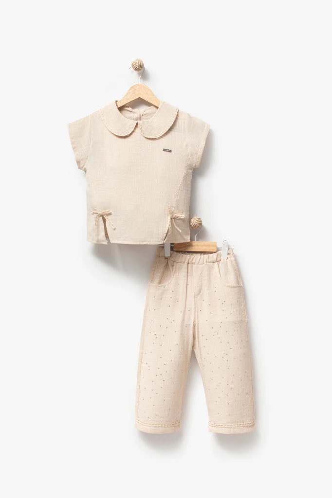 Taş Baskılı Pantolonlu Kısa Kollu 2li Yazlık Kız Takım 3708 - EKRU