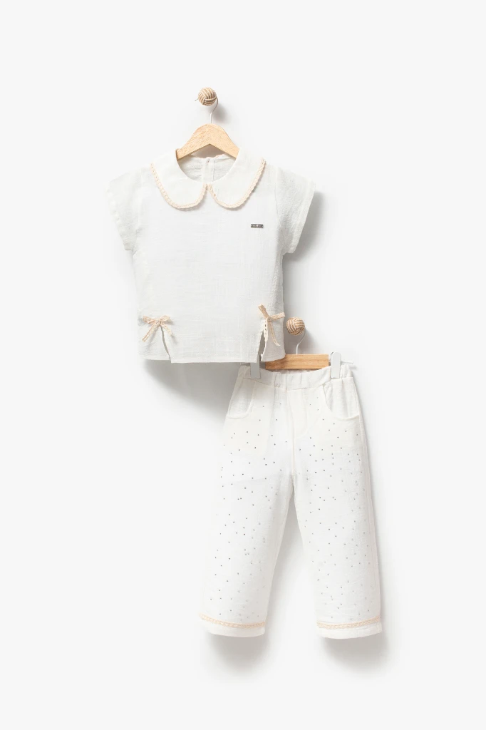  Taş Baskılı Pantolonlu Kısa Kollu 2li Yazlık Kız Takım 3708 - BEYAZ