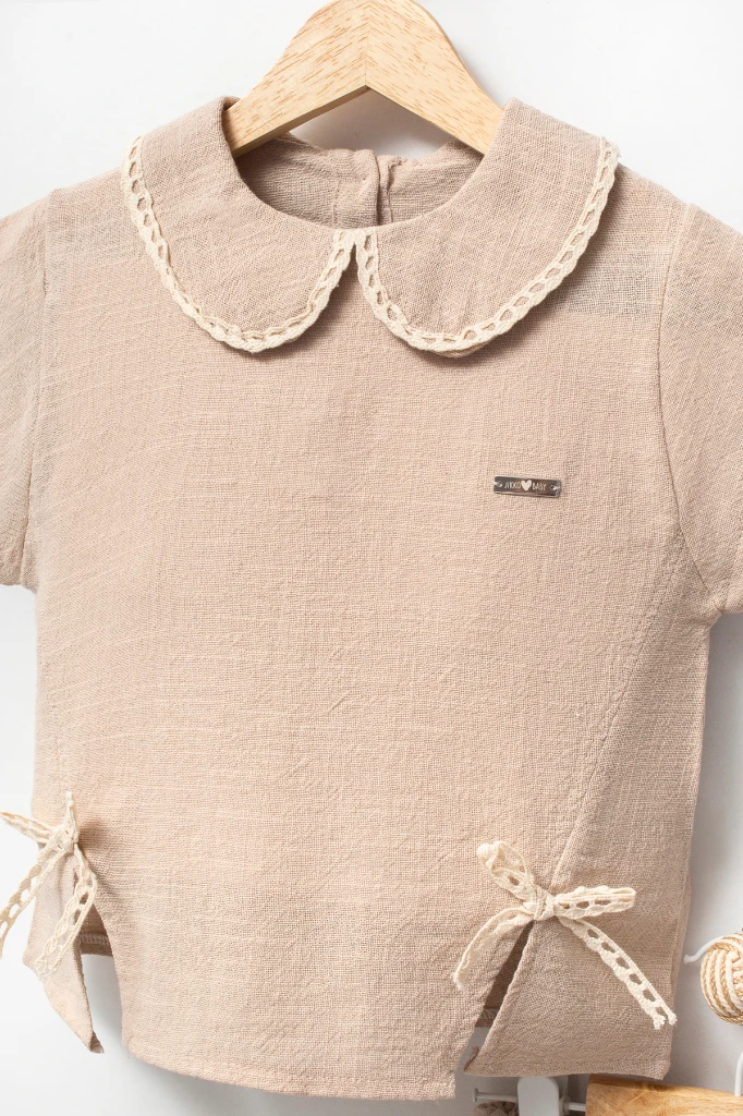  Taş Baskılı Pantolonlu Kısa Kollu 2li Yazlık Kız Takım 3708 - BEJ