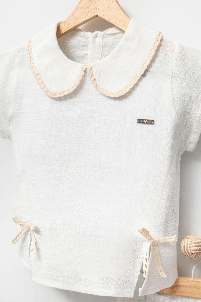  Taş Baskılı Pantolonlu Kısa Kollu 2li Yazlık Kız Takım 3708 - BEYAZ