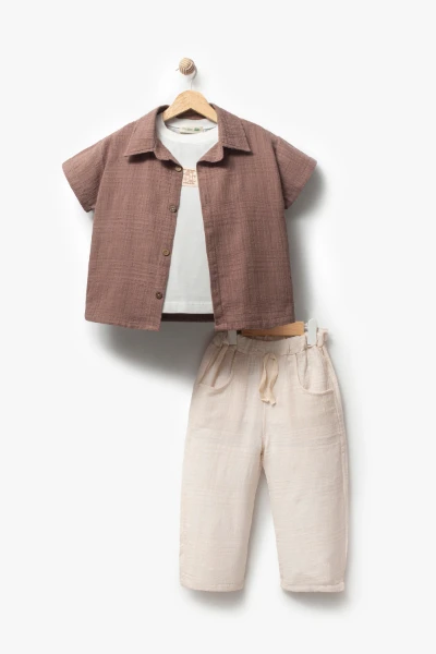  Kısa Kollu Gömlek Pantolon 3lü Yazlık Erkek Çocuk Takım -3709 - KAHVERENGİ