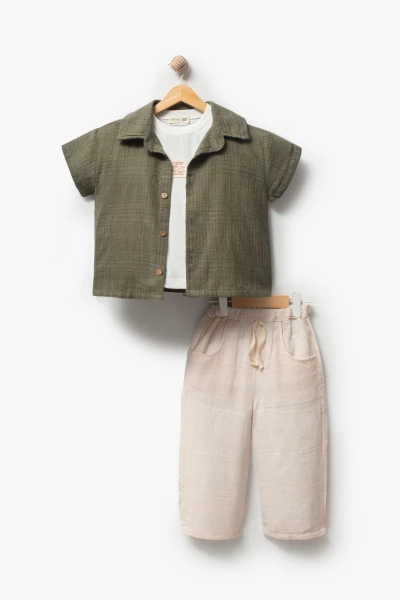  Kısa Kollu Gömlek Pantolon 3lü Yazlık Erkek Çocuk Takım -3709 - YEŞİL
