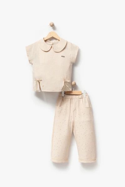  Taş Baskılı Pantolonlu Kısa Kollu 2li Yazlık Kız Takım 3708 - EKRU