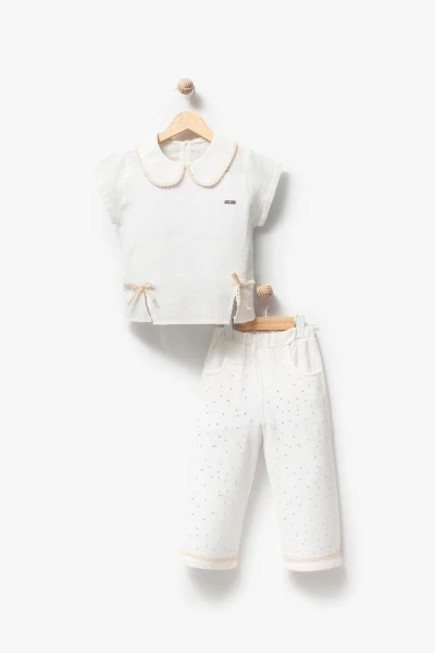  Taş Baskılı Pantolonlu Kısa Kollu 2li Yazlık Kız Takım 3708 - BEYAZ