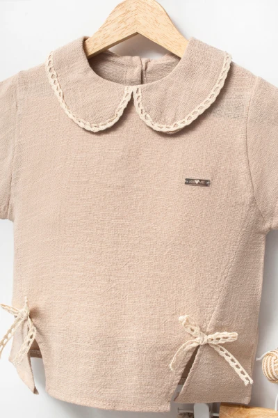  Taş Baskılı Pantolonlu Kısa Kollu 2li Yazlık Kız Takım 3708 - BEJ