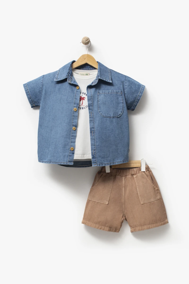 Kot gömlek T-shirt Şort 3lü Yazlık Erkek Çocuk Takım 3711 - VİZON