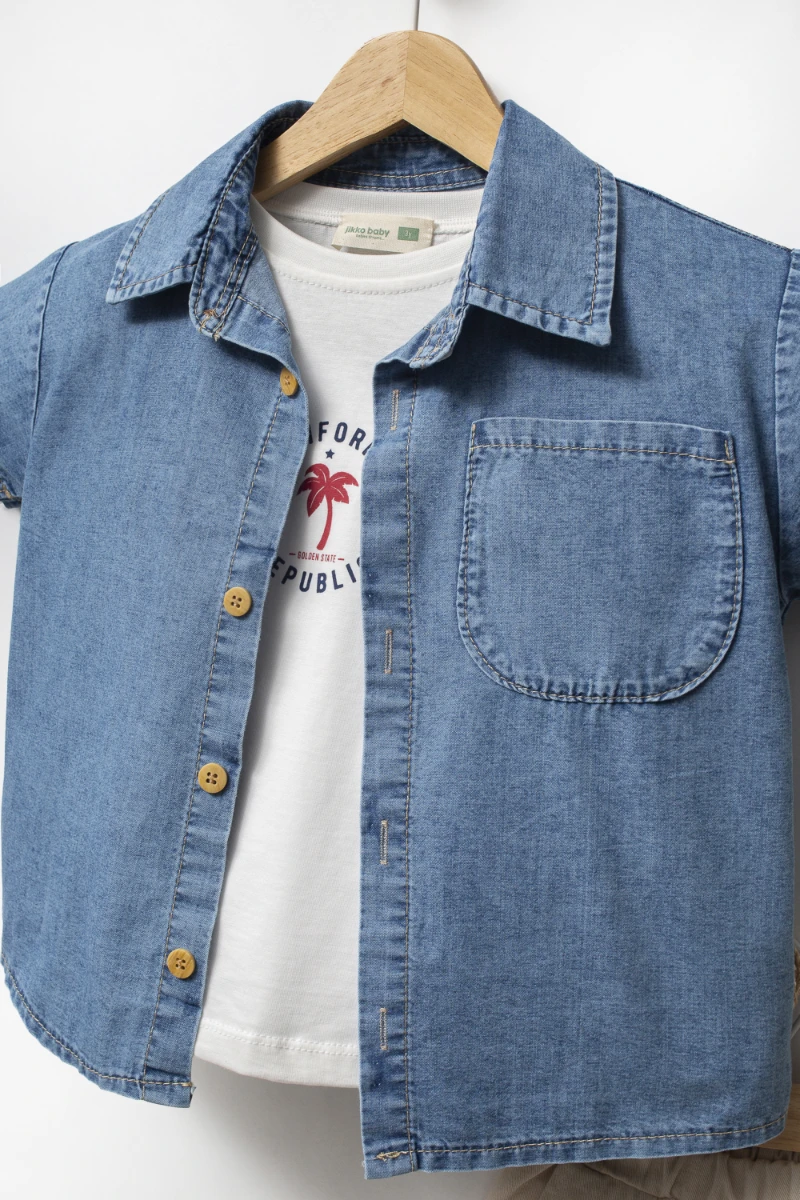 Kot gömlek T-shirt Şort 3lü Yazlık Erkek Çocuk Takım 3711 - EKRU