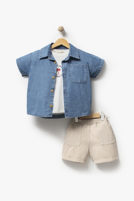 Kot gömlek T-shirt Şort 3lü Yazlık Erkek Çocuk Takım 3711 - EKRU