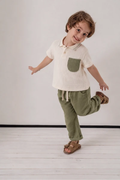 Erkek Çocuk Polo Yaka Triko Üst Pantolon Takım -3717 - YEŞİL