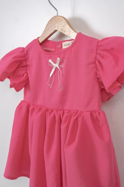 Kız Çocuk Kolları Fırfırlı Taş Baskılı Elbise 3722 - PEMBE