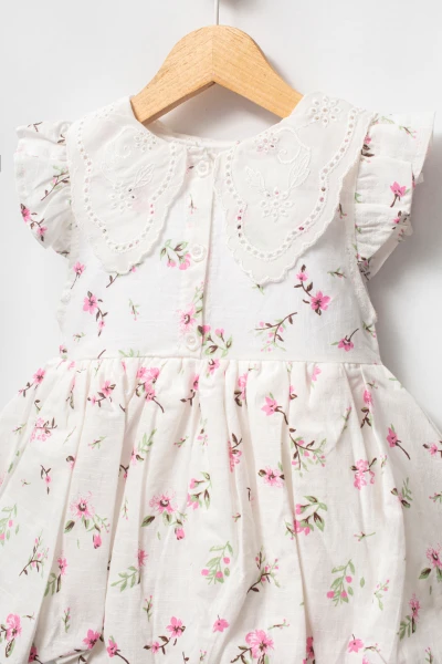 Kız Çocuk Brode Yaka Detaylı Çiçek Baskılı Balon Etekli Elbise 3719 - PEMBE