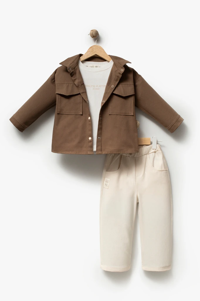 Erkek Bebek Gabardin Ceketli 3'lü Takım 9041 MS - BEJ