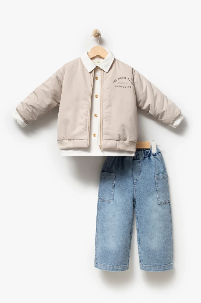 Erkek Çocuk Bomber Ceketli Gömlekli Bol Paça Jean Pantolon 3’lü Takım 9102 - BEJ
