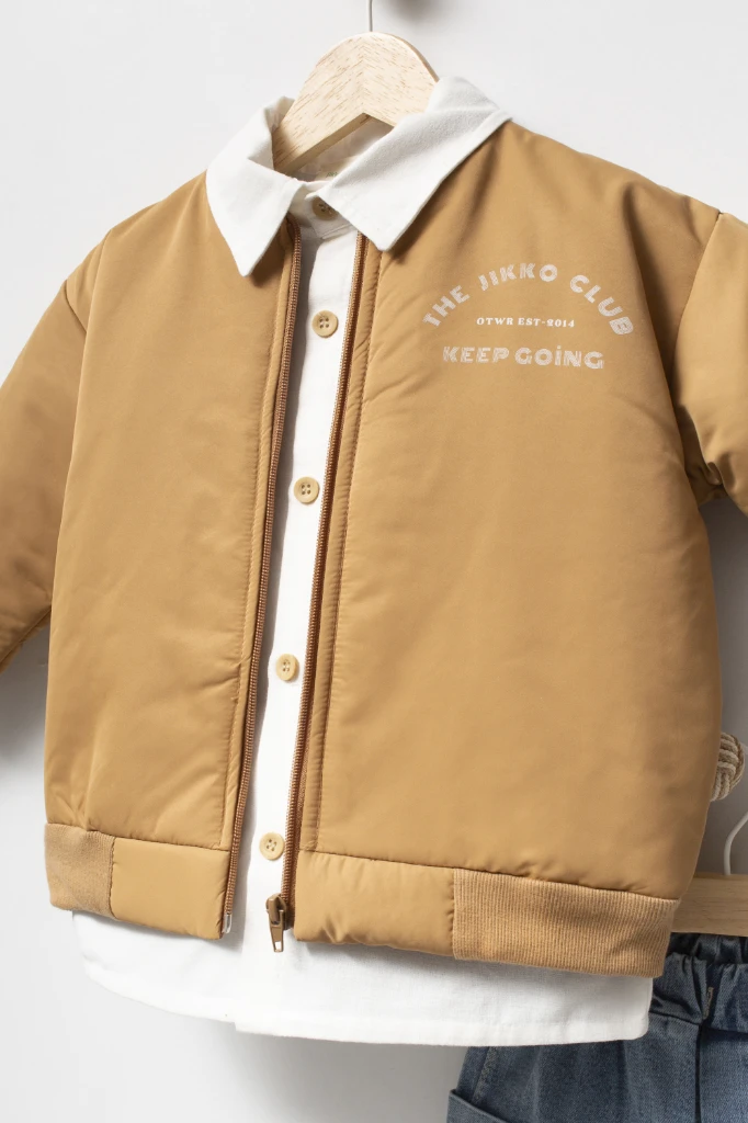 Erkek Çocuk Bomber Ceketli Gömlekli Bol Paça Jean Pantolon 3’lü Takım 9102 - HARDAL