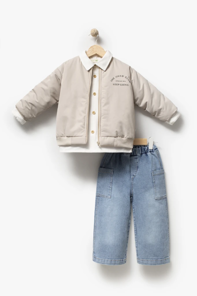 Erkek Çocuk Bomber Ceketli Gömlekli Bol Paça Jean Pantolon 3’lü Takım 9102 - BEJ
