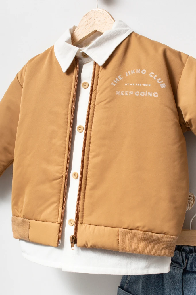 Erkek Çocuk Bomber Ceketli Gömlekli Bol Paça Jean Pantolon 3’lü Takım 9102 - HARDAL
