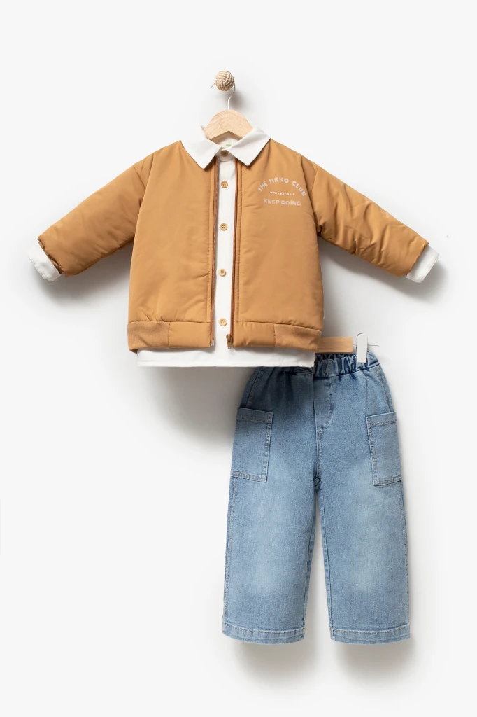 Erkek Çocuk Bomber Ceketli Gömlekli Bol Paça Jean Pantolon 3’lü Takım 9102 - HARDAL