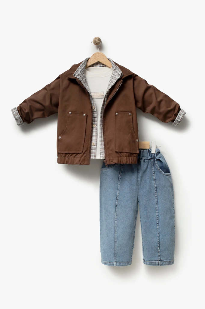Erkek Çocuk Gabardin Bomber Ceket, Ekose Gömlek, Tişört ve Kot Pantolon 4’lü Takım 9100 - KAHVERENGİ