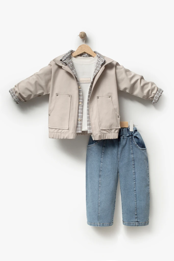 Erkek Çocuk Gabardin Bomber Ceket, Ekose Gömlek, Tişört ve Kot Pantolon 4’lü Takım 9100 - BEJ
