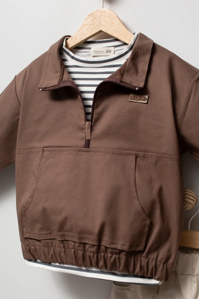 Erkek Çocuk Yarım Fermuarlı Sweatshirt, Çizgili Tişört ve Jogger Pantolon 3’lü Takım 9112 - KAHVERENGİ