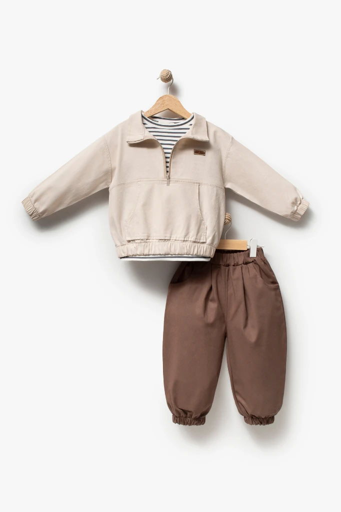 Erkek Çocuk Yarım Fermuarlı Sweatshirt, Çizgili Tişört ve Jogger Pantolon 3’lü Takım 9112 - BEJ