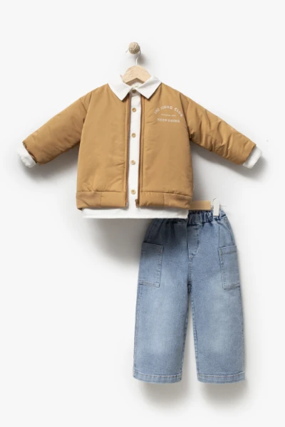 Erkek Çocuk Bomber Ceketli Gömlekli Bol Paça Jean Pantolon 3’lü Takım 9102 - HARDAL