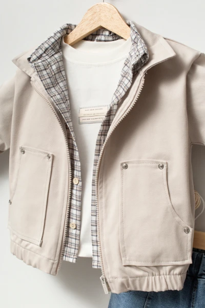 Erkek Çocuk Gabardin Bomber Ceket, Ekose Gömlek, Tişört ve Kot Pantolon 4’lü Takım 9100 - BEJ
