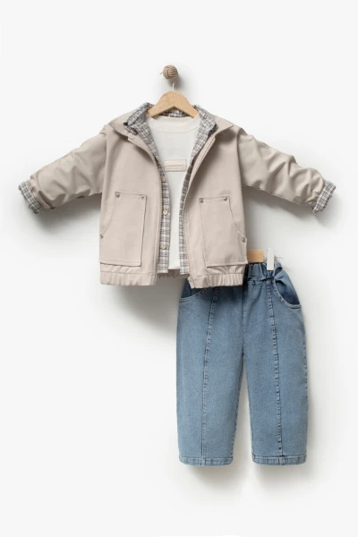 Erkek Çocuk Gabardin Bomber Ceket, Ekose Gömlek, Tişört ve Kot Pantolon 4’lü Takım 9100 - BEJ