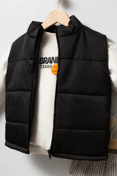 Erkek Çocuk Şişme Yelekli Basketbol Baskılı Sweatshirt ve Çizgili Pantolon 3’lü Takım 9107 - SİYAH