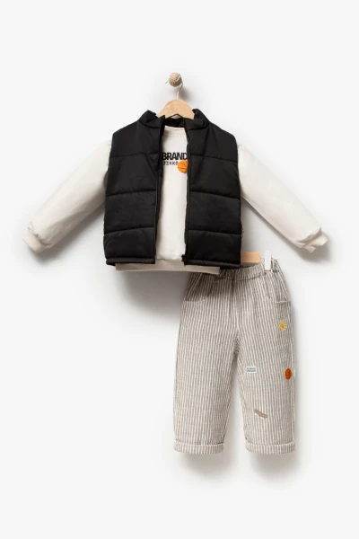 Erkek Çocuk Şişme Yelekli Basketbol Baskılı Sweatshirt ve Çizgili Pantolon 3’lü Takım 9107 - SİYAH