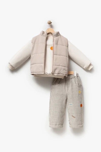 Erkek Çocuk Şişme Yelekli Basketbol Baskılı Sweatshirt ve Çizgili Pantolon 3’lü Takım 9107 - BEJ
