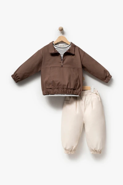 Erkek Çocuk Yarım Fermuarlı Sweatshirt, Çizgili Tişört ve Jogger Pantolon 3’lü Takım 9112 - KAHVERENGİ