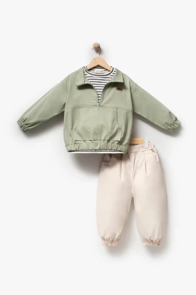 Erkek Çocuk Yarım Fermuarlı Sweatshirt, Çizgili Tişört ve Jogger Pantolon 3’lü Takım 9112 - YEŞİL