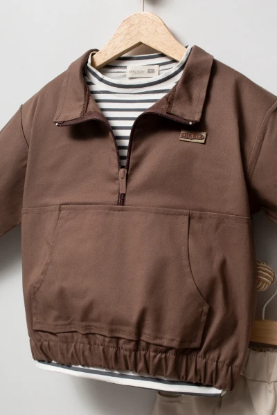 Erkek Çocuk Yarım Fermuarlı Sweatshirt, Çizgili Tişört ve Jogger Pantolon 3’lü Takım 9112 - KAHVERENGİ