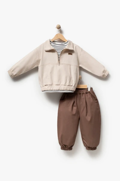 Erkek Çocuk Yarım Fermuarlı Sweatshirt, Çizgili Tişört ve Jogger Pantolon 3’lü Takım 9112 - BEJ