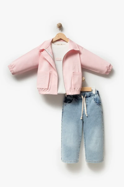 Kız Çocuk Ceketli Tişörtlü Yıldız Taş Detaylı Bol Paça Jean Pantolon 3’lü Takım 9103 - PEMBE