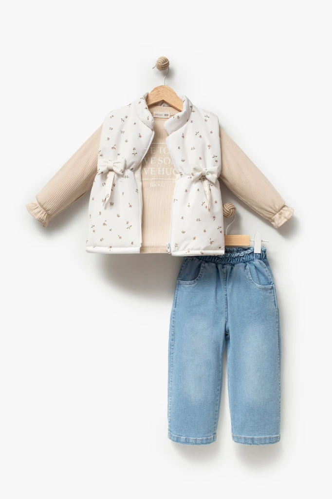 Kız Çocuk Çiçek Desenli Fiyonk Detaylı Şişme Yelekli Bluz ve Bol Paça Jean Pantolon 3’lü Takım 9109 - BEJ