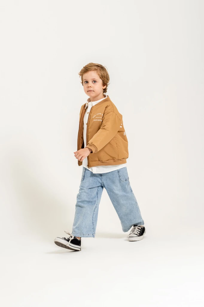 Erkek Çocuk Bomber Ceketli Gömlekli Bol Paça Jean Pantolon 3’lü Takım 9102 - HARDAL